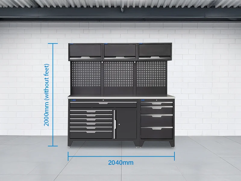 SGS 9pc Garage Storage System | 11 Drawers | Stainless Steel Triple Worktop | 3x Lift‑Up Wall Cabinets
